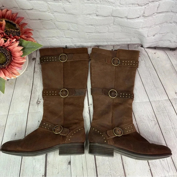 reba leather boots SALSA suede sz 9 bronze colored studs buckle boho western - Picture 1 of 7